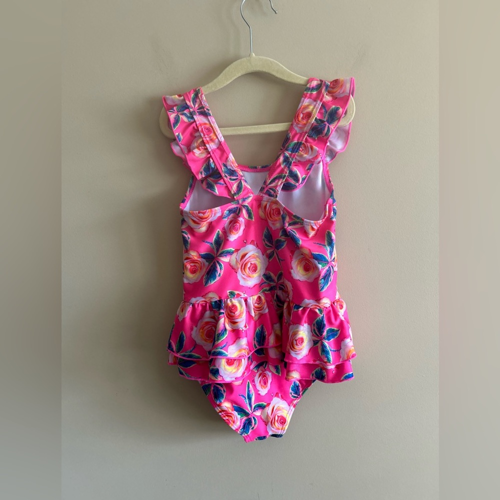 Betsey Johnson | KIDS Floral Pink Ruffle Swimsuit, Size 7/8 - Picture 7 of 8